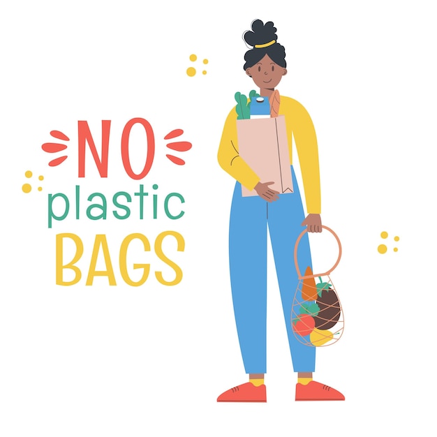 Zero waste concept illustratie Een vrouw Afro-Amerikaan met herbruikbare tassen Zin geen plastic zakken