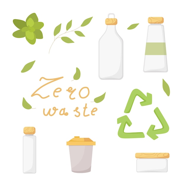 Zero waste concept lifestyle ecofriendly glass bottles with wooden caps recycling vector