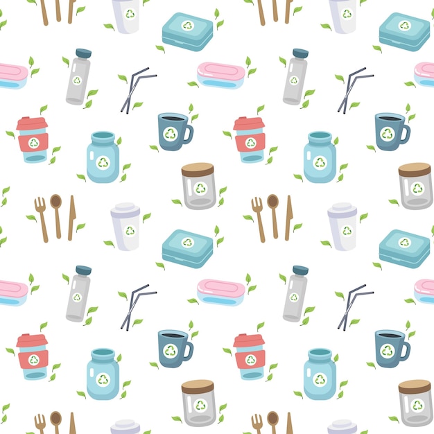 Zero waste concept seamless pattern with different elements ecological concept vector illustration in cartoon style