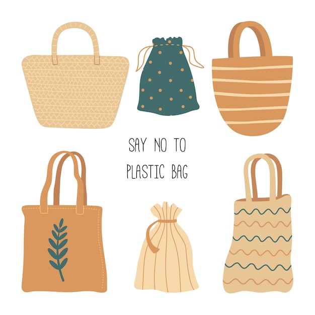 Вектор Концепция без отходов, набор эко-сумок, ткань, сетка, плетение, солома, хлопок. скажите нет пластиковым пакетам.