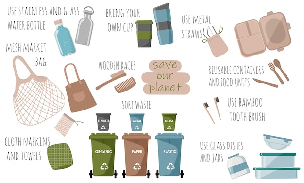 Vector zero waste concept. set of various eco objects. waste sorting ecology and recycling concept.