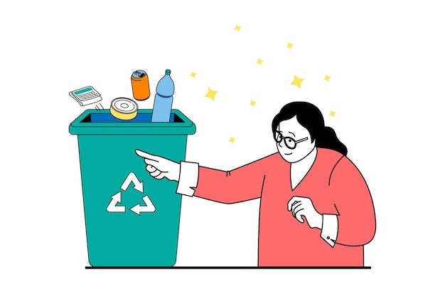 Zero waste concept with people scene in flat web design Woman collecting and separating different types of garbage for recycling Vector illustration for social media banner marketing material