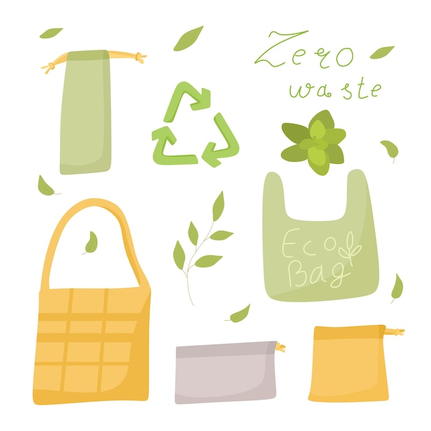 Zero waste concept with various elements sustainable lifestyle ecofriendly bags vector