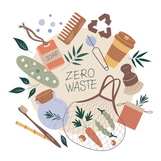 Zero waste doodle collectie vector iconen van herbruikbare eco-items menstruatie beker winkelzakken