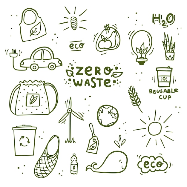Zero waste doodles hand drawn concept for logo stickers banners