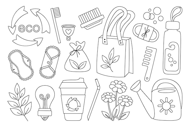 Zero Waste durable doodle eco set recycle products linear ecology protection no plastic vector