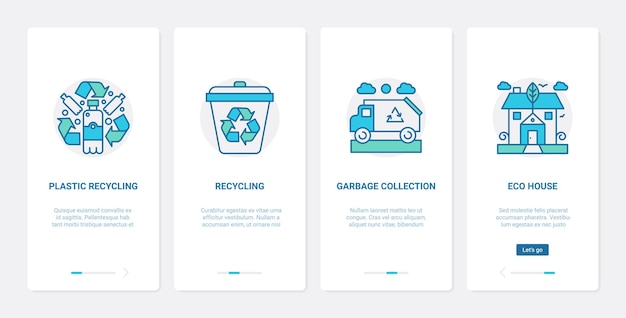 Tecnologia di riciclaggio ecologica a rifiuti zero per salvare la schermata della pagina dell'app per dispositivi mobili dell'interfaccia utente di ecologia
