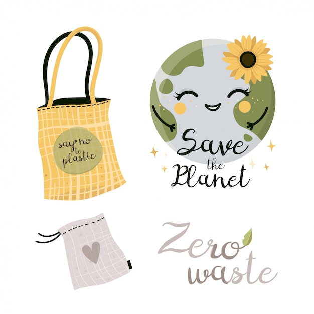 Vettore sacchetto della spesa zero rifiuti, eco bag, eco bag, shopping. senza plastica. diventa verde.