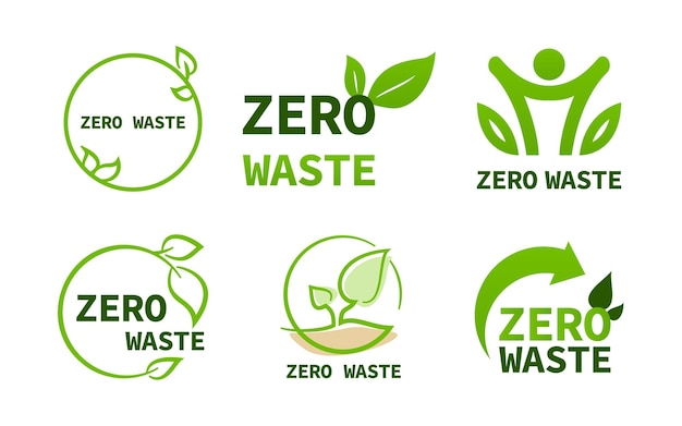 Collezione di logo verde zero rifiuti set di badge verdi zero rifiuti con icone uomo freccia foglia vettore zero rifiuti