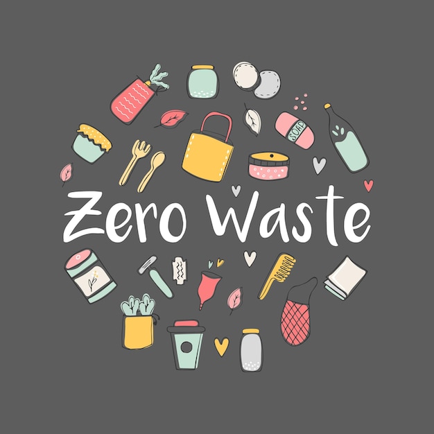 Zero Waste hand getekende illustratie met eco iconen Posterontwerp