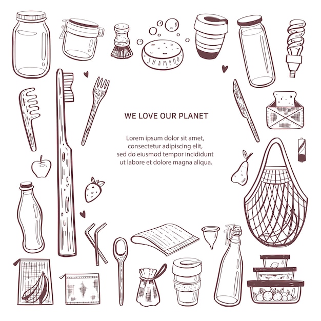 Zero waste hand getekende infographic achtergrond collectie van eco en natuurlijke elementen