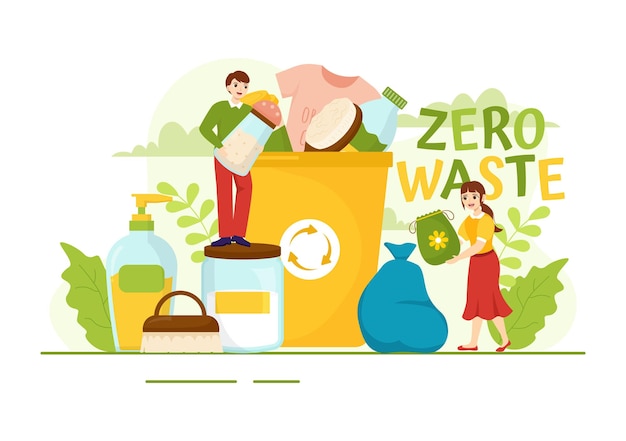 Illustrazione di rifiuti zero di eco-friendly con prodotti riciclabili e riutilizzabili per go green