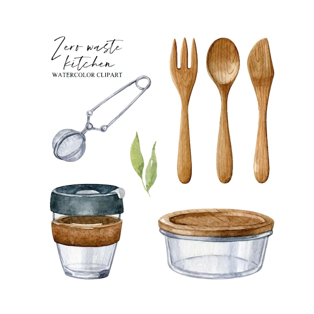 Zero waste keuken accessoires aquarel vector set geïsoleerd op wit Herbruikbare thee filter bamboe