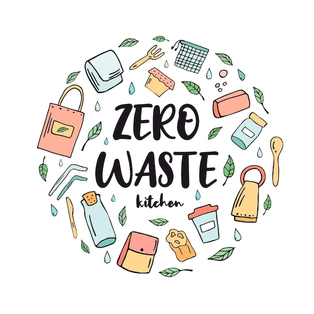 Zero Waste keukenconcept. Abstract ontwerp met groene essentials