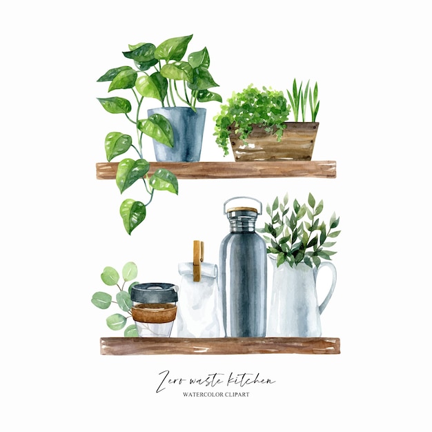 Zero waste kitchen watercolor concept home plants reusable coffee cup scandinavian style