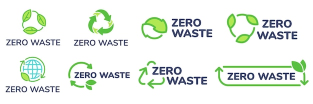 Zero waste labels. Green eco friendly label, reduce waste and recycle icon with plant leaves set.