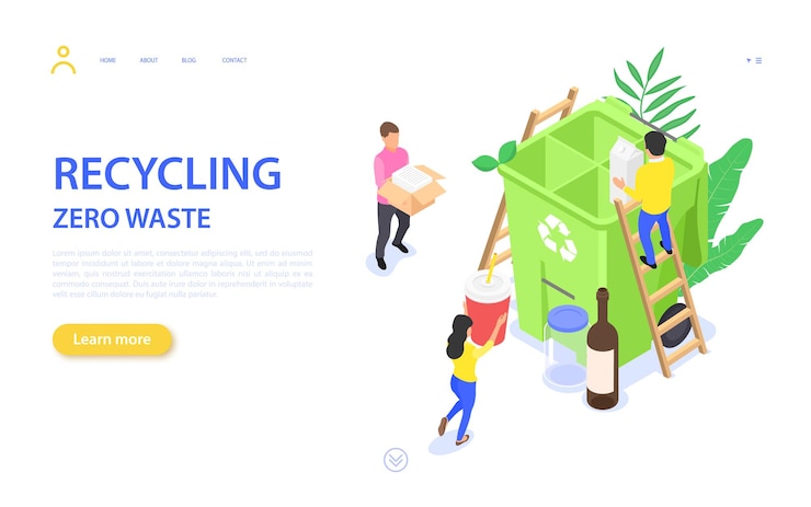 Vector zero waste landing page. people collect, sort and recycle different types of waste.