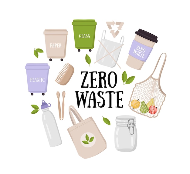 Vector zero waste lifestyle concept collection colorful set of eco and waste elements