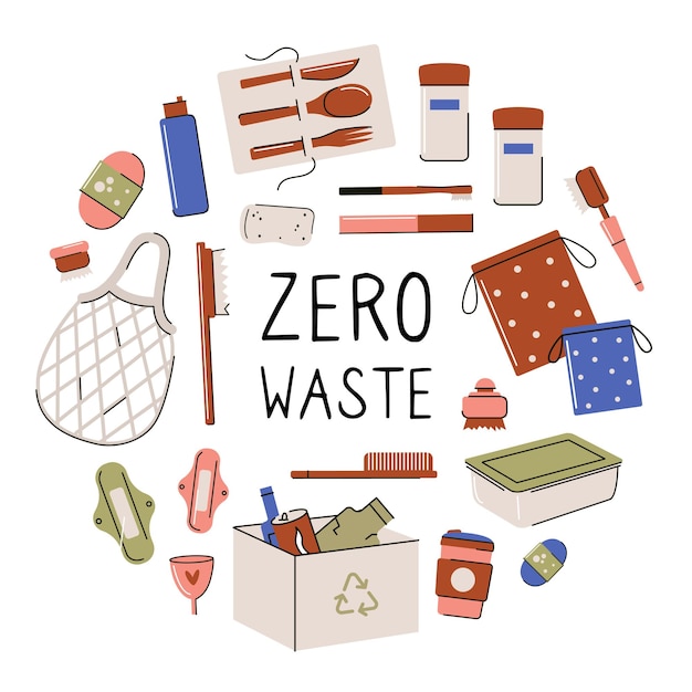 Набор шаблонов дизайна логотипа Zero Waste No Plastic and Go Green в форме круга