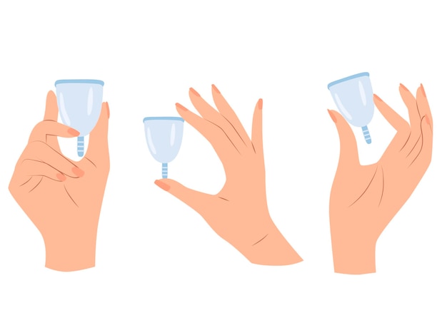 Zero waste menstrual cups in hands Eco protection for women in critical days Vector illustration