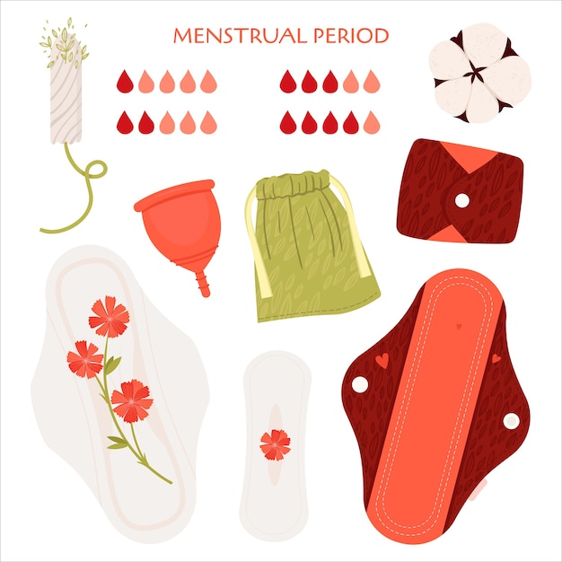 Zero waste menstrual period.  flat set with eco friendly products - reusable menstrual pads, cup, recycle bags of cotton.