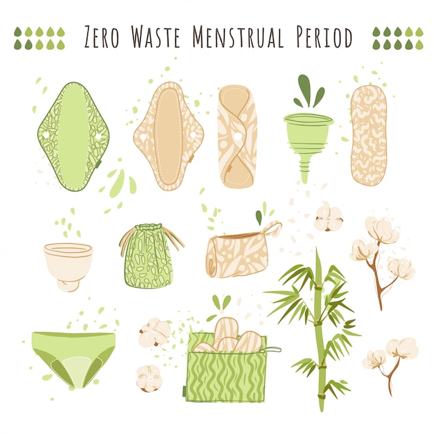 Zero waste-menstruatie cartoon platte set met milieuvriendelijke producten - herbruikbare maandverband, doeken, beker, recyclezakken van katoenen textiel.