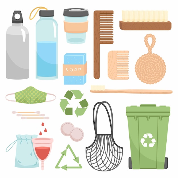 Riciclaggio zero waste e prodotti riutilizzabili. go green, eco style, no plastic, save the planet oggetti per la casa, lo shopping e la cosmesi. collezione durevole