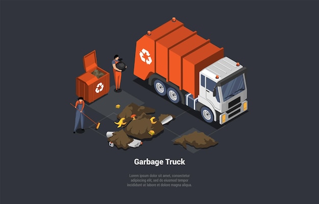 Zero waste recycling garbage concept characters collecting sorting garbage characters loading it from container to garbage truck to deliver to recycling factory isometric 3d vector illustration