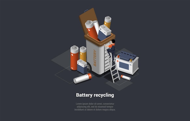 廃棄物ゼロ 再利用 環境に優しい分別とリサイクル ごみのキャラクター 使用済み電池をコンテナに集めて投げる 使用済み電池の利用 等角投影の 3d ベクトル図