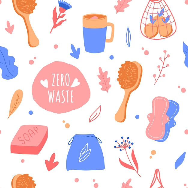 Zero waste seamless pattern. household objects. string bag, body brush, glass jar, handmade soap, lunch box.  illustration.