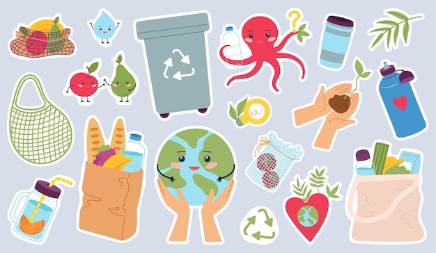 Vector zero waste stickers kitchen bamboo tools sorting garbage and reusable items eco prints no plastic and safety environment decent vector set