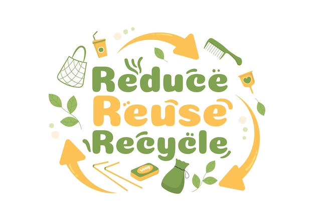 Шаблон Zero Waste Нарисованная вручную мультяшная плоская иллюстрация с долговечными и многоразовыми предметами или продуктами