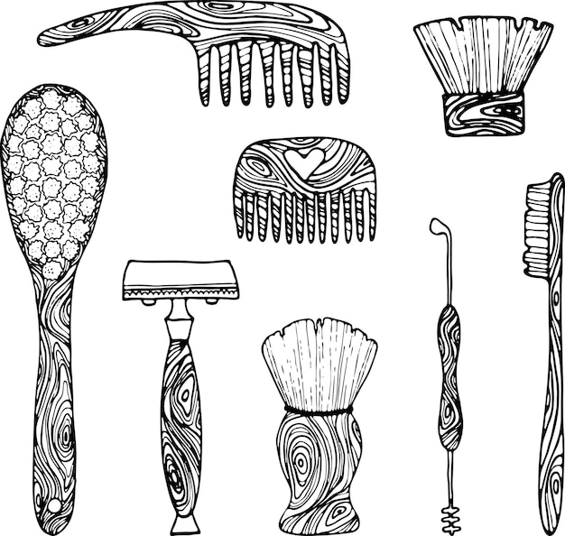Vettore spazzole di legno a zero sprechi collezione di scarabocchi disegnati a mano isolato pettine per la rasatura dello spazzolino da denti di bambù