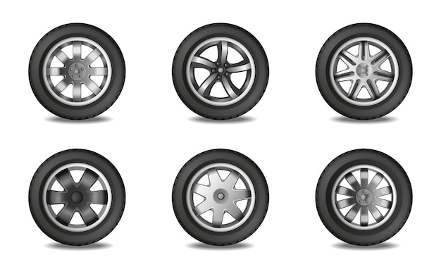 Zes autowielen met verschillende schijf vormen realistische zwart-wit reeks die op witte vectorillustratie wordt geïsoleerd als achtergrond