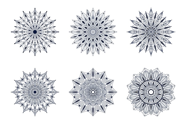 Zes etnische mandala-patroonset met effen kleur