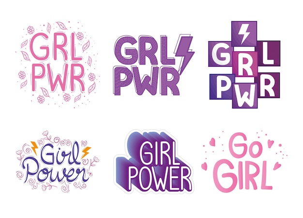 Zes girl power beletteringen decorontwerp