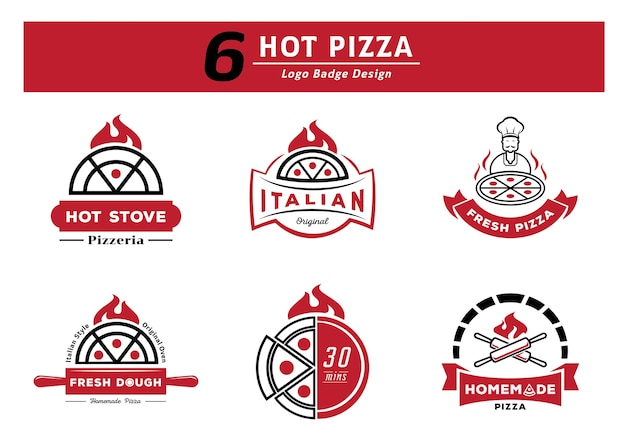 Zes hete pizza-badge ontwerpset