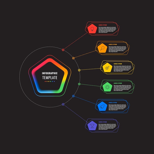 Zes opties infographic sjabloon met vijfhoeken en veelhoekige elementen op een zwarte achtergrond