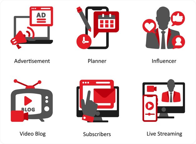 Zes sociale iconen in rood en zwart als reclame planner influencer