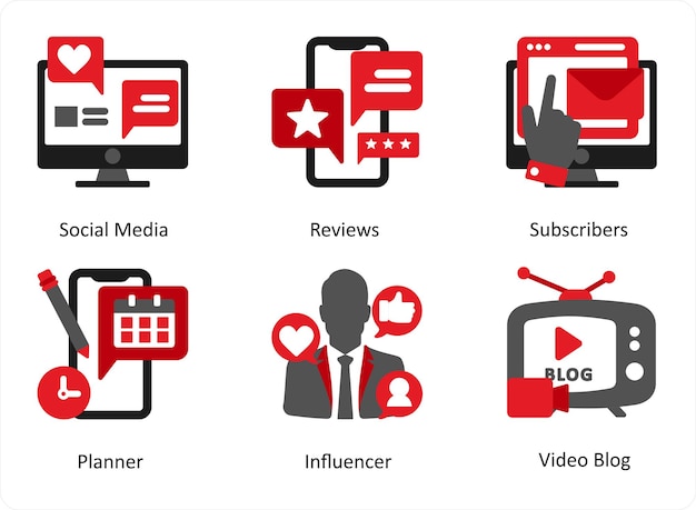 Zes sociale iconen in rood en zwart als social media recensies abonnees