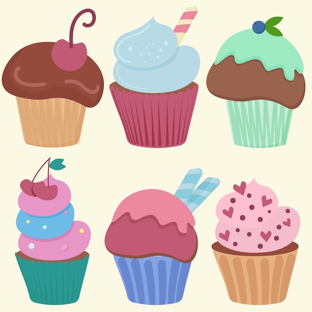 zes soorten cupcakes met chocolade en bessen