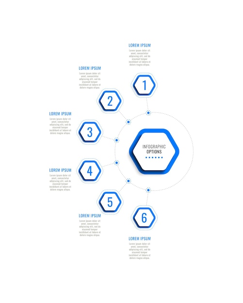 Zes stappen verticale infographic sjabloon met blauwe zeshoekige elementen op een witte achtergrond