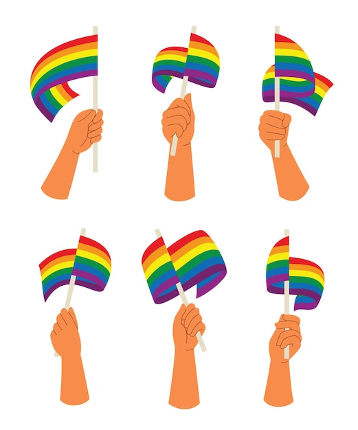 Zes stijl van handen houden een regenboogvlag vast voor de LGBT-activiteit