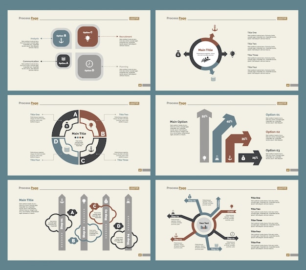 Zes teamwork charts slide templates set