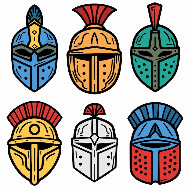 Zes verschillende middeleeuwse ridderhelmen geïllustreerd in levendige kleuren. De helm heeft unieke ontwerpen.