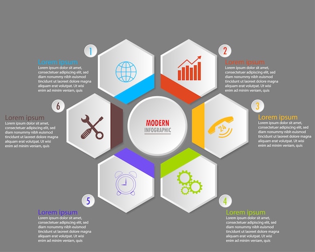 Zes zeshoek infographic sjabloonopties voor bedrijfspresentatie.