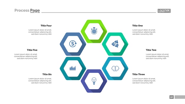 Zes zeshoek infographics. sjabloon voor cyclusdiagram, processchema, presentatie.