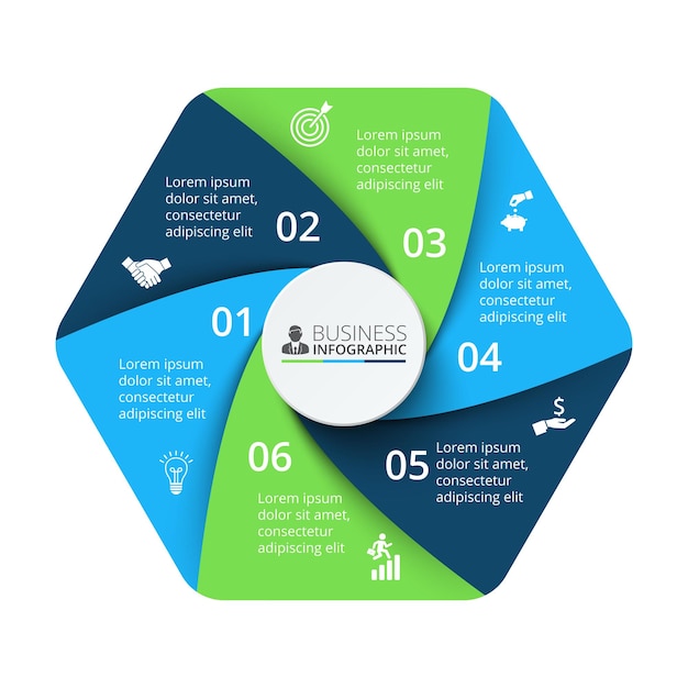 Zeshoek met cirkel erin, verdeeld in 6 delen. Vector cyclus infographic ontwerp illustratie.