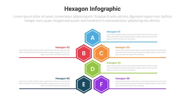 zeshoek of zeshoekige honingraat vorm infographics sjabloon diagram met stapel verticale structuur met 6 punt stap creatief ontwerp voor slide presentatie