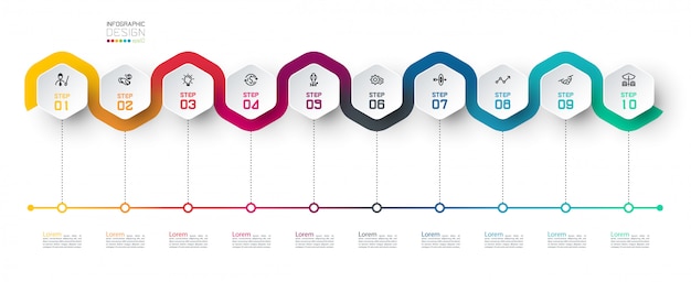 Zeshoekig label met infographics in kleurlijn.